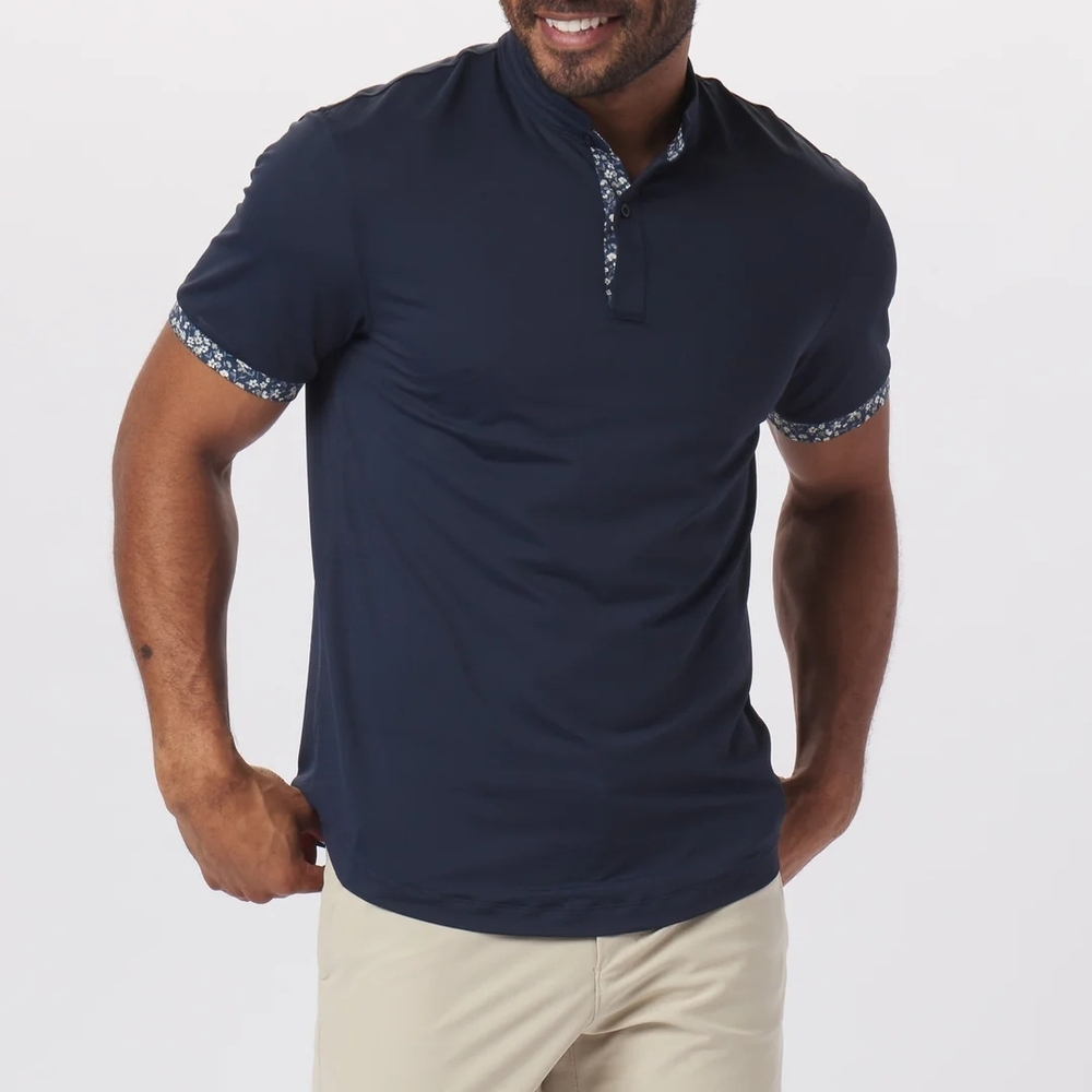 MANTRA Men's Navy Short-Sleeve Polo with Floral Trim